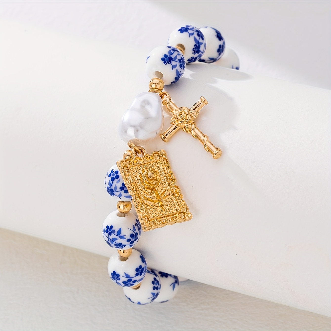 Floral Bead Bracelet with Cross Pendant, Retro Style